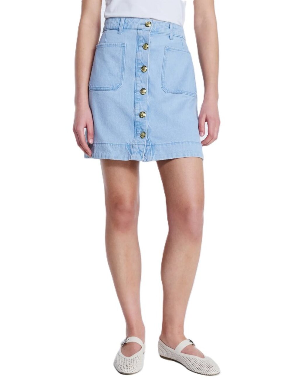 New Women's Free Assembly Denim Button Front MINI Skirt Size 12 Ultra Light Wash